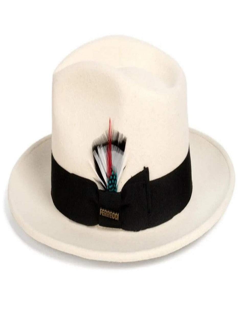 White and Black Dress Hat 1920s Fedora Style - Mens Classic Wool Fedora Dress Hat in White and Black