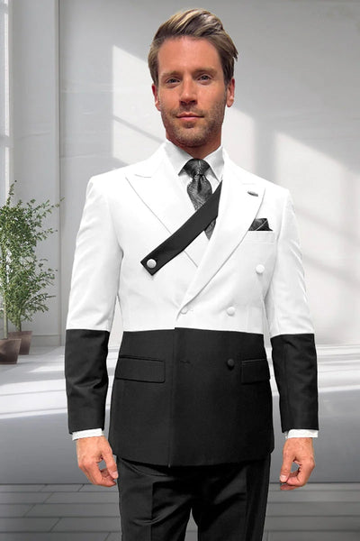 Mens Designer Double Breasted Suit – Wool Two Tone Black and White Style 1   - from alligatorwarehouse.com