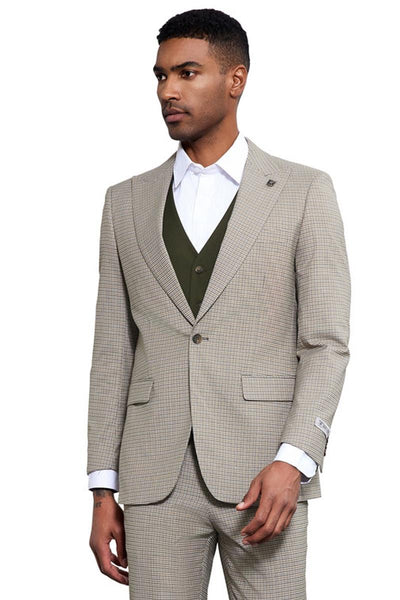 Men's Stacy Adams One Button Peak Lapel Vested Micro Check in Sage Green with an Olive Green Vest 1 SM183H1-01-38R  - from alligatorwarehouse.com