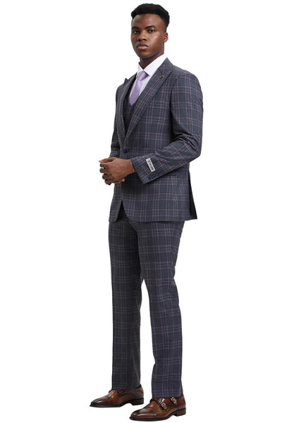Men's Stacy Adams One Button Peak Lapel Double Breasted Vest Suit in Charcoal Grey Plaid 3 SM170H1-11-38R  - from alligatorwarehouse.com