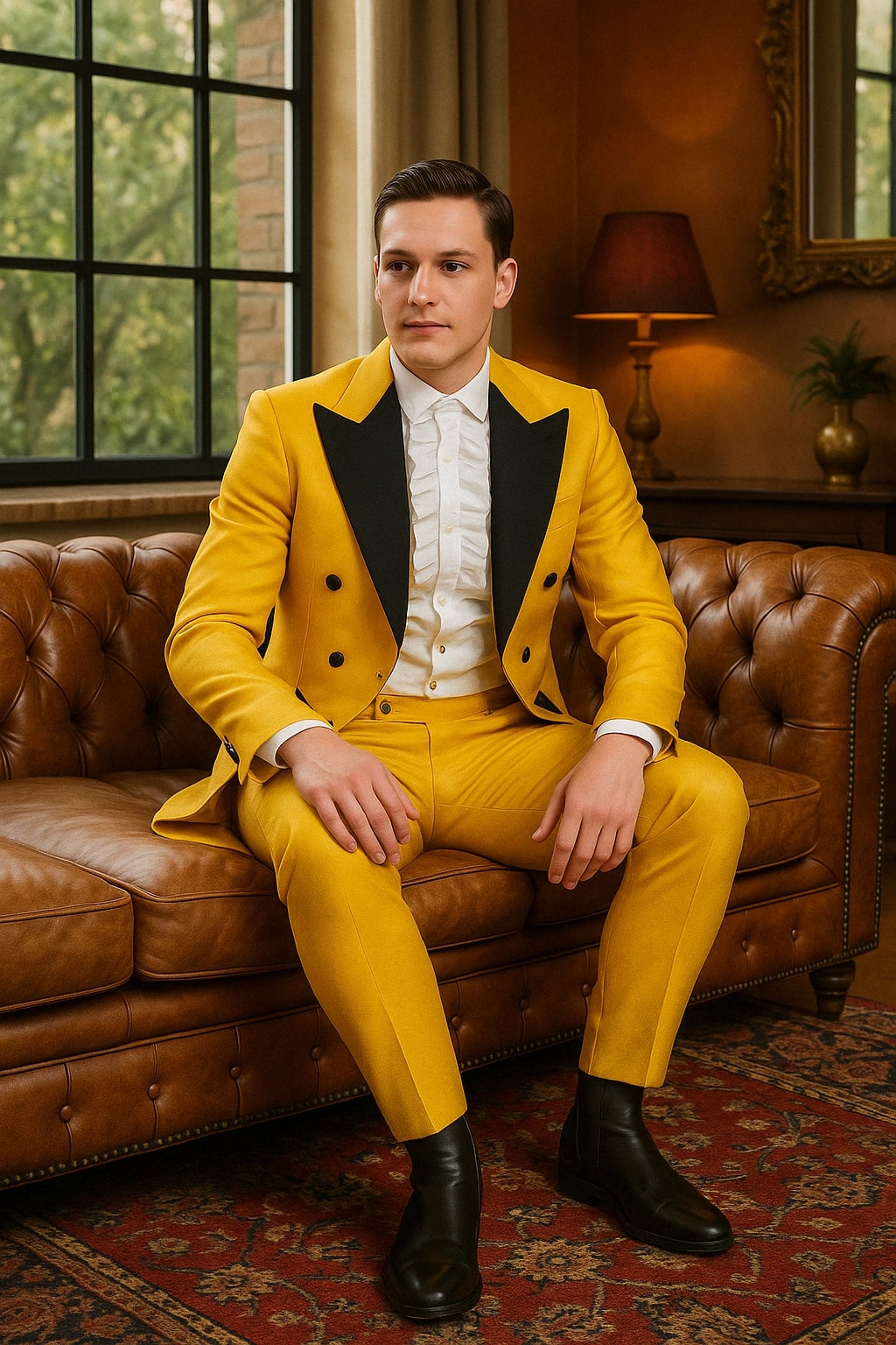 Mens Yellow Tailcoat Tuxedo with Black Lapel and Brocade Detailing – Formal Vintage Style Suit