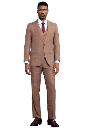 Men's Stacy Adams Vested Sharkskin Weave Pattern Suit in Light Rust