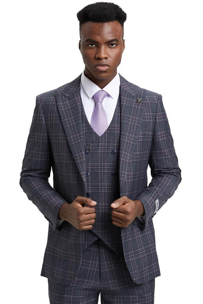 Men's Stacy Adams One Button Peak Lapel Double Breasted Vest Suit in Charcoal Grey Plaid 1 SM170H1-11-38R  - from alligatorwarehouse.com