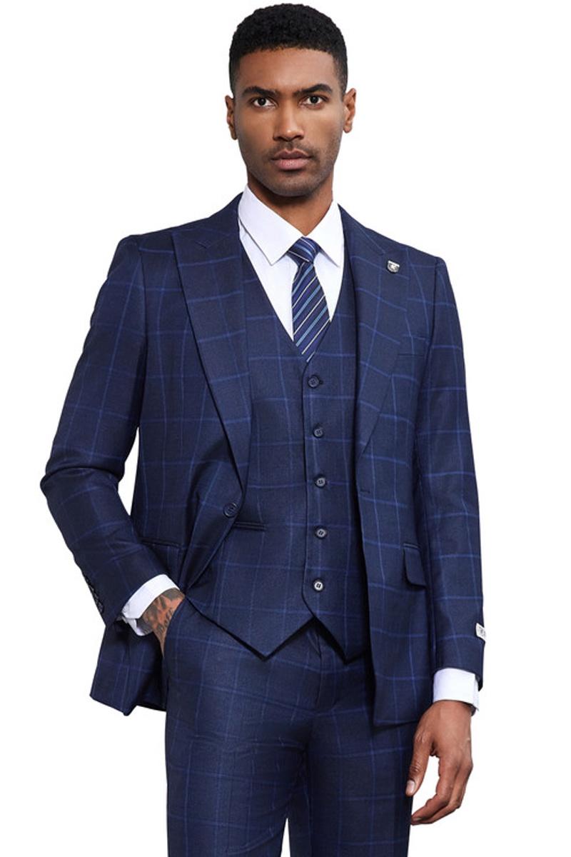 Men's Stacy Adams Classic One Button Vested Windowpane Suit in Navy Blue