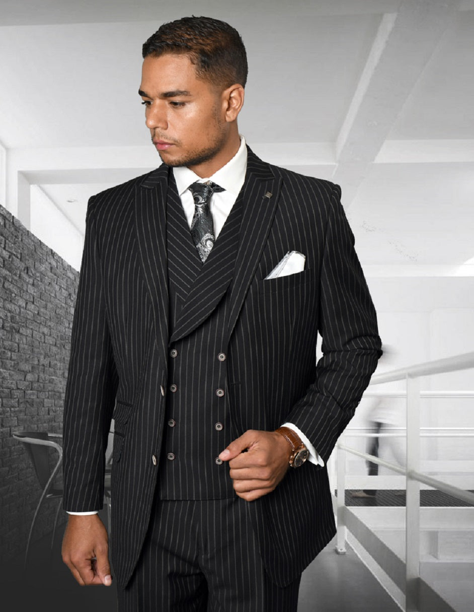 Mens Gangster Pinstripe 2 Button Double Breasted Vest Suit in Black 1 ZARELLI_BLACK_40S  - from alligatorwarehouse.com