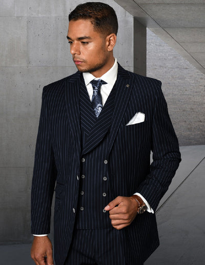 Mens Gangster Pinstripe 2 Button Double Breasted Vest Suit in Navy 1 ZARELLI_NAVY_46S  - from alligatorwarehouse.com