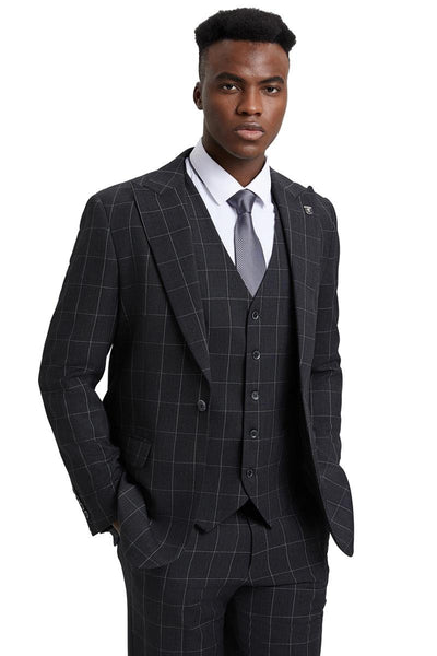 Men's Stacy Adams Vest Classic Bold Windowpane Suit in Dark Charcoal Grey 4 SM394H1-01-38R  - from alligatorwarehouse.com