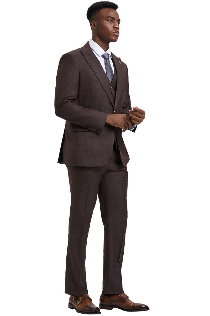 Men's Stacy Adams Vested One Button Wide Peak Lapel Windowpane Plaid Suit in Brown