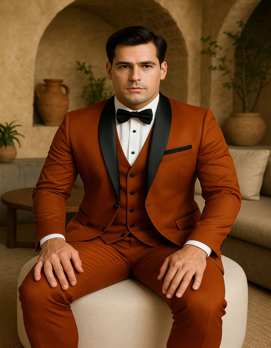 Men's Burnt Orange Tuxedo Suit ƒ?? 3-Piece Slim Fit with Black Satin Shawl Lapel