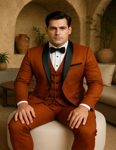 Men's Burnt Orange Tuxedo Suit ƒ?? 3-Piece Slim Fit with Black Satin Shawl Lapel 1   - from alligatorwarehouse.com