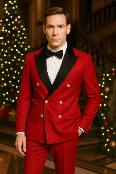 Men's Red Double-Breasted Wedding Tuxedo with Black Velvet Lapel and Gold Buttons - Christmas New Year Suit 1   - from alligatorwarehouse.com