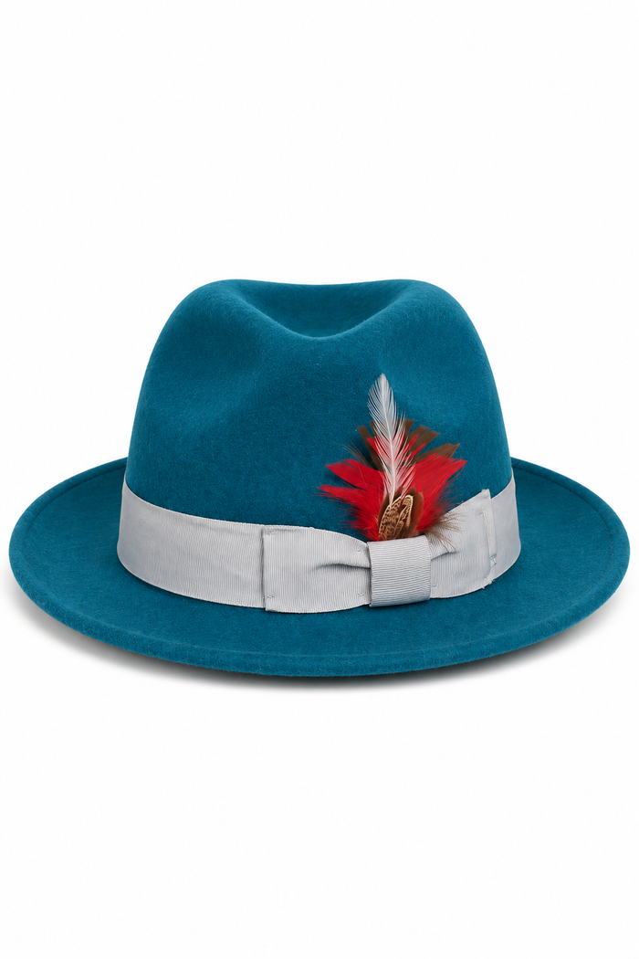 Gangster 100% Australian Wool Crushable Mens Fedora Hat - Removable Feather Gangster Look Brimmed Mens Fedora Hat