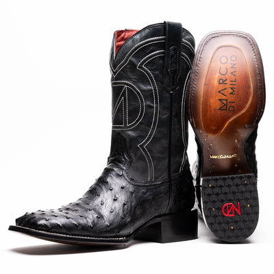 Marco Di Milano Alabama Black Ostrich Quill Square Toe Cowboy Boots 1   - from alligatorwarehouse.com