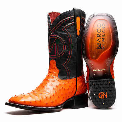 Marco Di Milano Alabama Orange Ostrich Quill Square Toe Cowboy Boots 1   - from alligatorwarehouse.com