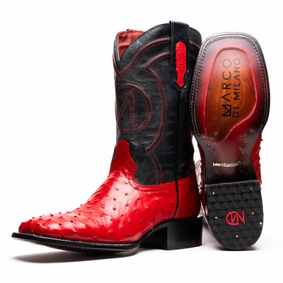 Marco Di Milano Alabama Red Ostrich Quill Square Toe Cowboy Boots 1   - from alligatorwarehouse.com