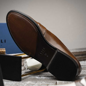 Zelli Alba Italian Calfskin Penny Loafers in Camel and Cream