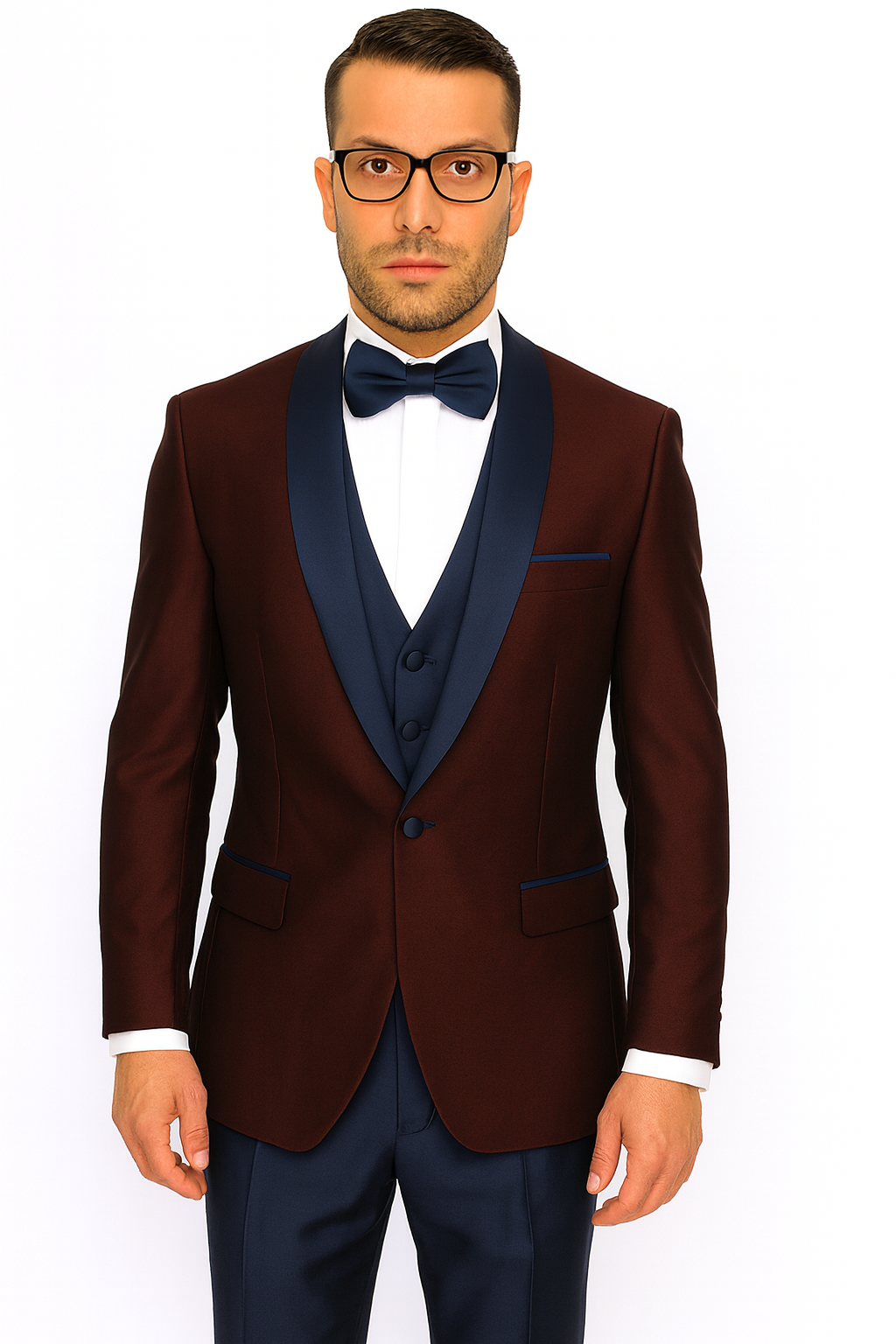 Burgundy ~ Plum And Dark Navy Blue Lapel Burgundy Suit Tuxedo Vested 3 Piece Suit Wedding / Prom / Party Suit