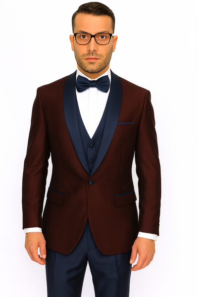Burgundy ~ Plum And Dark Navy Blue Lapel Burgundy Suit Tuxedo Vested 3 Piece Suit Wedding / Prom / Party Suit 1 5V-2962  - from alligatorwarehouse.com