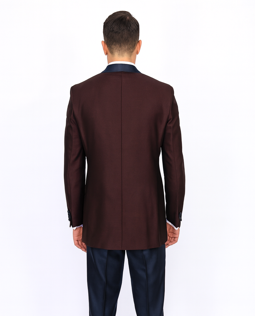Burgundy ~ Plum And Dark Navy Blue Lapel Burgundy Suit Tuxedo Vested 3 Piece Suit Wedding / Prom / Party Suit