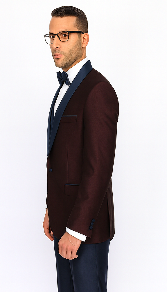 Burgundy ~ Plum And Dark Navy Blue Lapel Burgundy Suit Tuxedo Vested 3 Piece Suit Wedding / Prom / Party Suit