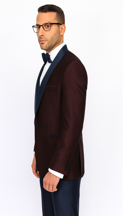 Burgundy ~ Plum And Dark Navy Blue Lapel Burgundy Suit Tuxedo Vested 3 Piece Suit Wedding / Prom / Party Suit 4 5V-2962  - from alligatorwarehouse.com