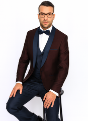 Burgundy ~ Plum And Dark Navy Blue Lapel Burgundy Suit Tuxedo Vested 3 Piece Suit Wedding / Prom / Party Suit