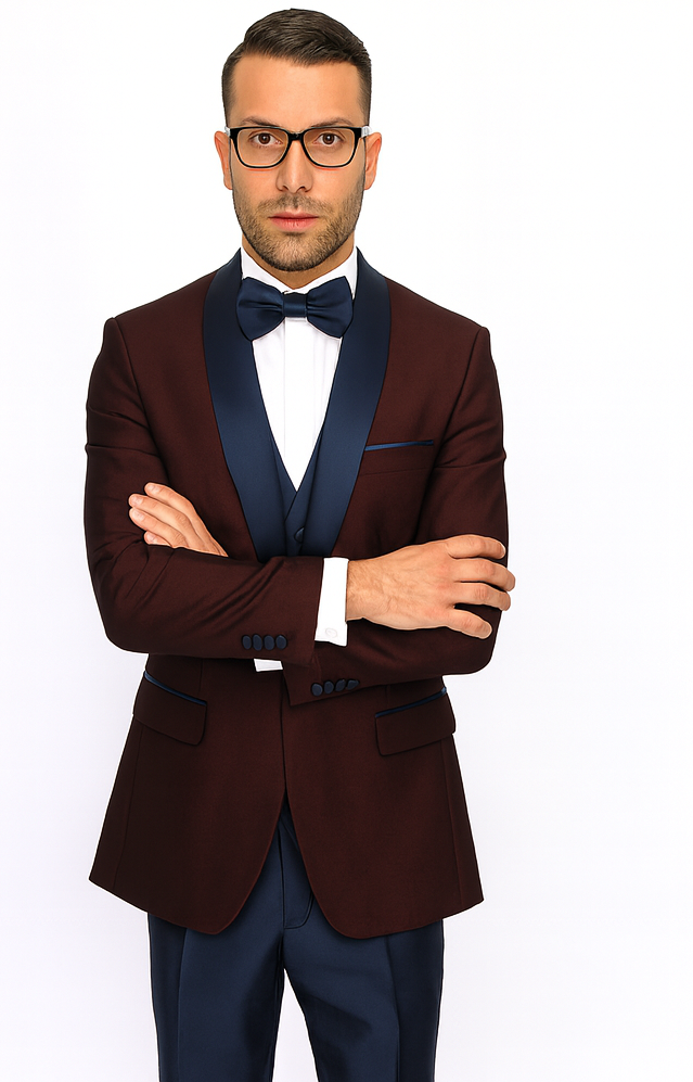 Burgundy ~ Plum And Dark Navy Blue Lapel Burgundy Suit Tuxedo Vested 3 Piece Suit Wedding / Prom / Party Suit