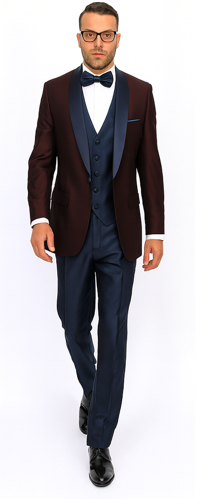 Burgundy ~ Plum And Dark Navy Blue Lapel Burgundy Suit Tuxedo Vested 3 Piece Suit Wedding / Prom / Party Suit