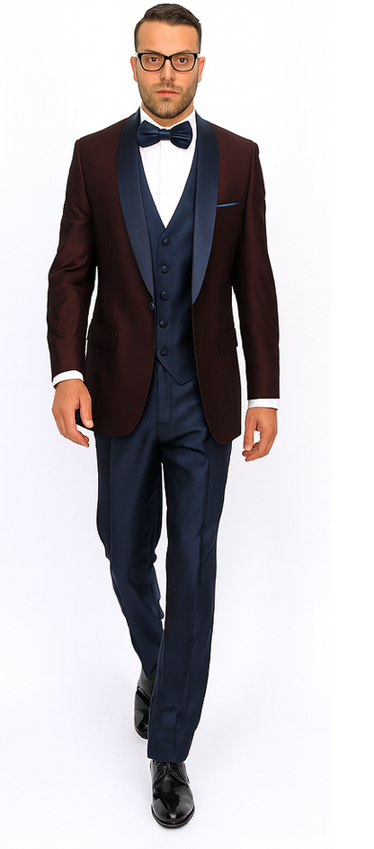 Burgundy ~ Plum And Dark Navy Blue Lapel Burgundy Suit Tuxedo Vested 3 Piece Suit Wedding / Prom / Party Suit