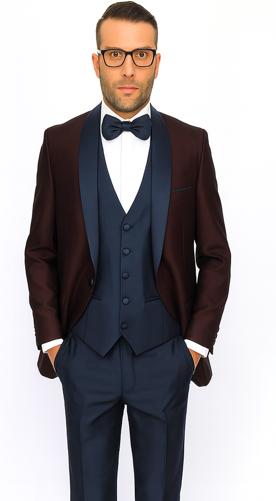 Burgundy ~ Plum And Dark Navy Blue Lapel Burgundy Suit Tuxedo Vested 3 Piece Suit Wedding / Prom / Party Suit