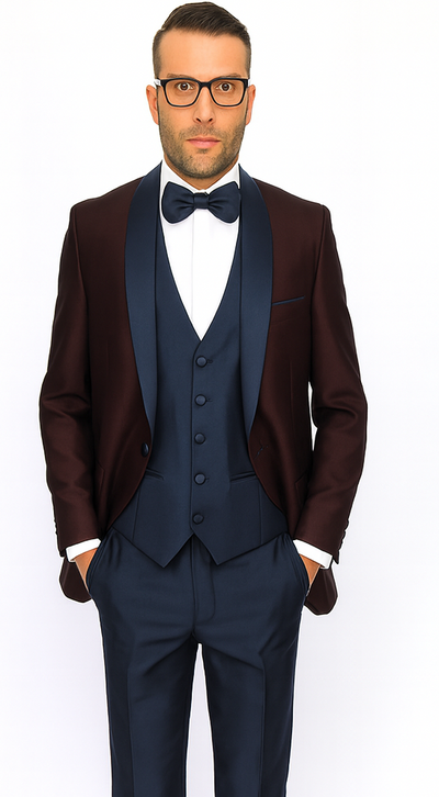 Burgundy ~ Plum And Dark Navy Blue Lapel Burgundy Suit Tuxedo Vested 3 Piece Suit Wedding / Prom / Party Suit 7 5V-2962  - from alligatorwarehouse.com