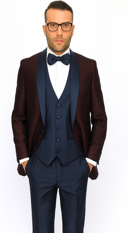 Burgundy ~ Plum And Dark Navy Blue Lapel Burgundy Suit Tuxedo Vested 3 Piece Suit Wedding / Prom / Party Suit