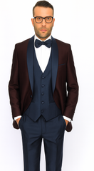 Burgundy ~ Plum And Dark Navy Blue Lapel Burgundy Suit Tuxedo Vested 3 Piece Suit Wedding / Prom / Party Suit