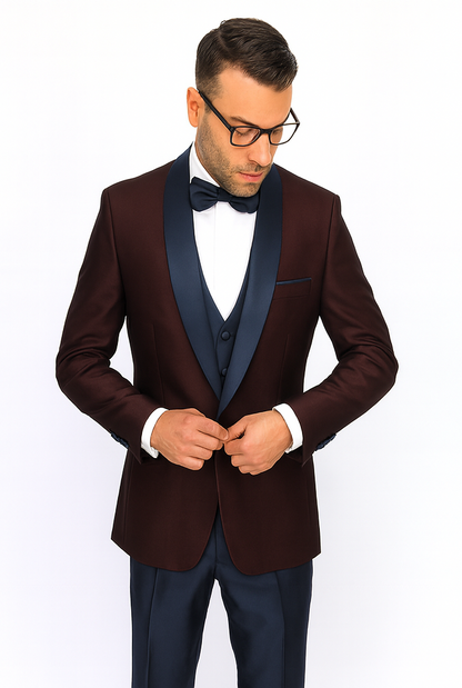 Burgundy ~ Plum And Dark Navy Blue Lapel Burgundy Suit Tuxedo Vested 3 Piece Suit Wedding / Prom / Party Suit