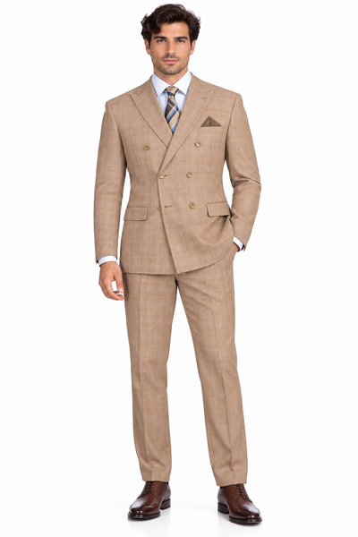 Alexander Collection - Tan Double Breasted 2 Piece Suit Regular Fit Glen Plaid