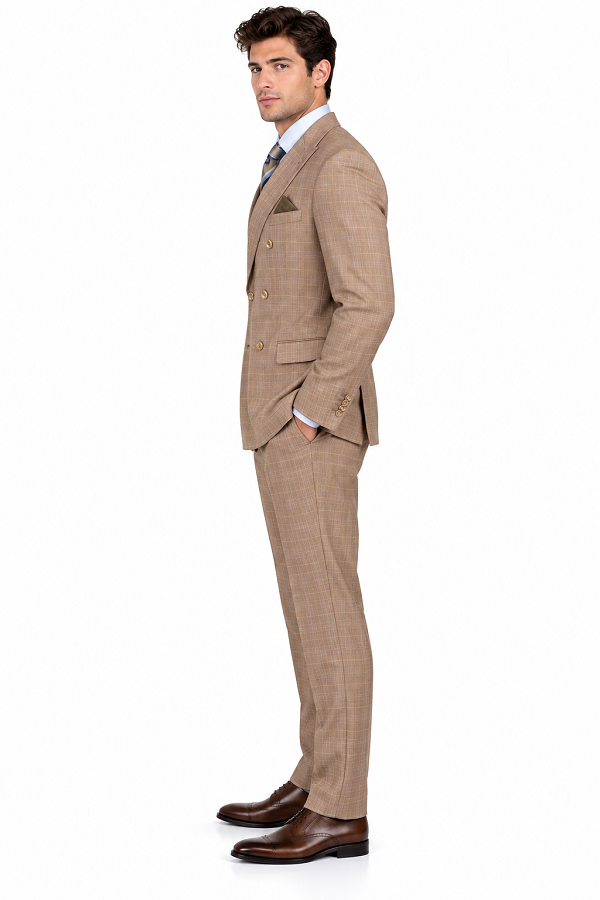 Alexander Collection - Tan Double Breasted 2 Piece Suit Regular Fit Glen Plaid