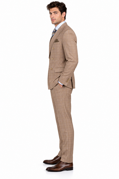 Alexander Collection - Tan Double Breasted 2 Piece Suit Regular Fit Glen Plaid