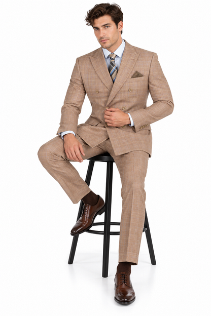 Alexander Collection - Tan Double Breasted 2 Piece Suit Regular Fit Glen Plaid