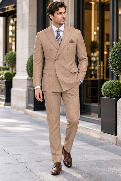 Alexander Collection - Tan Double Breasted 2 Piece Suit Regular Fit Glen Plaid