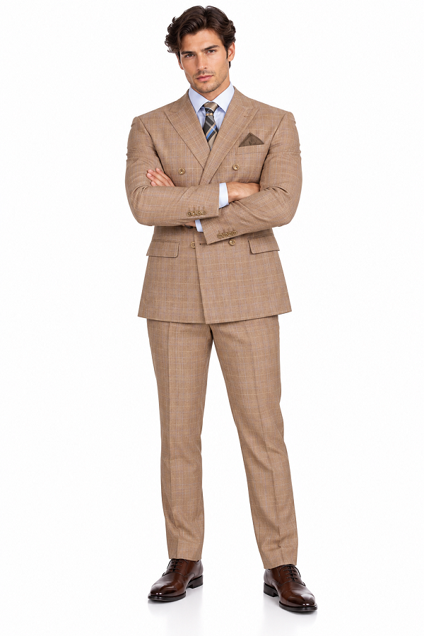 Alexander Collection - Tan Double Breasted 2 Piece Suit Regular Fit Glen Plaid