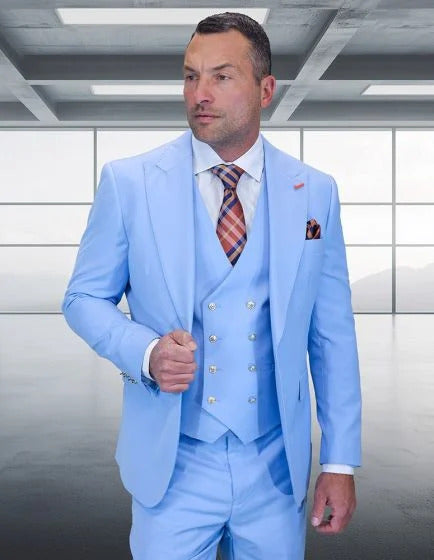 Statement Men’s Light Blue 3 Piece 100% Wool Fashion Suit, Bold Color Formal Wedding Suit