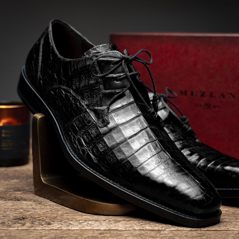 Mezlan Anderson Crocodile Derby Shoes Black (13584-F)