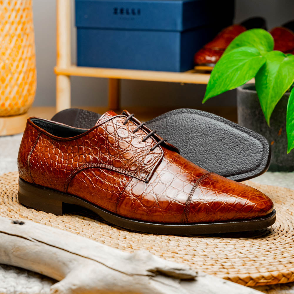 Zelli Andrea Genuine Crocodile Cap Toe Derby Dress Shoes in Cognac