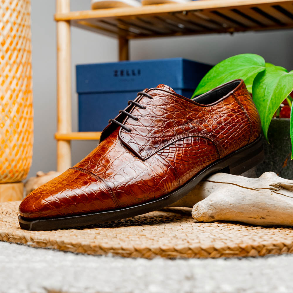 Zelli Andrea Genuine Crocodile Cap Toe Derby Dress Shoes in Cognac