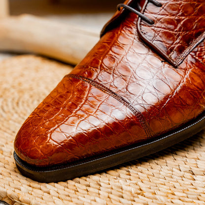 Zelli Andrea Genuine Crocodile Cap Toe Derby Dress Shoes in Cognac