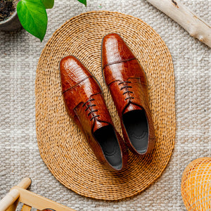 Zelli Andrea Genuine Crocodile Cap Toe Derby Dress Shoes in Cognac
