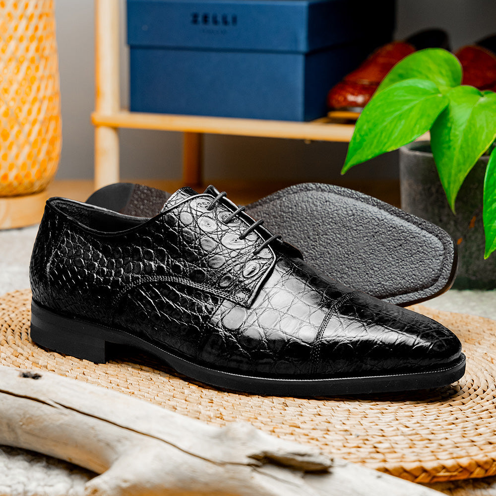 Zelli Andrea Genuine Crocodile Cap Toe Derby Shoes in Black
