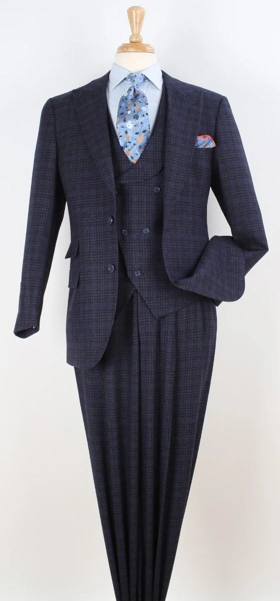 Apollo King Mens 3 Piece 100% Wool Suit – Fashion V-Taper Double Breasted Vest, Peak Lapel Jacket