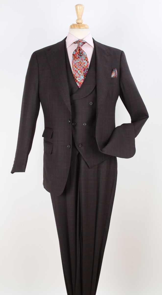 Apollo King Mens 3 Piece 100% Wool Suit – Fashion V-Taper Double Breasted Vest, Peak Lapel Jacket