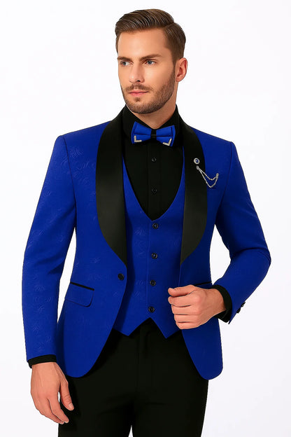 Men's Slim Fit Vested Paisley Royal Blue Tuxedo